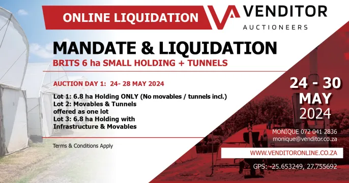 Online liquidation auction | Brits 6 ha small holding + tunnels | 24 – 30 May 2024 | Venditor