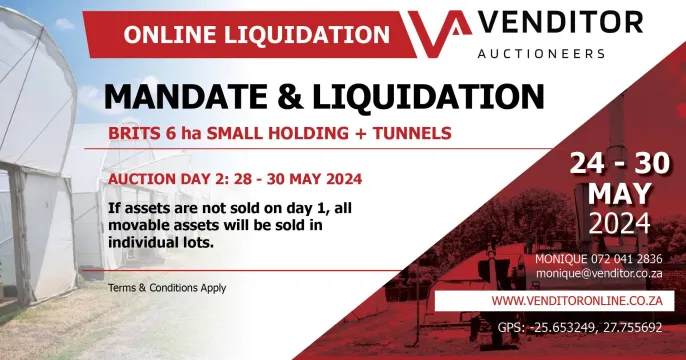 Online liquidation auction | Brits 6 ha small holding + tunnels | 24 – 30 May 2024 | Venditor