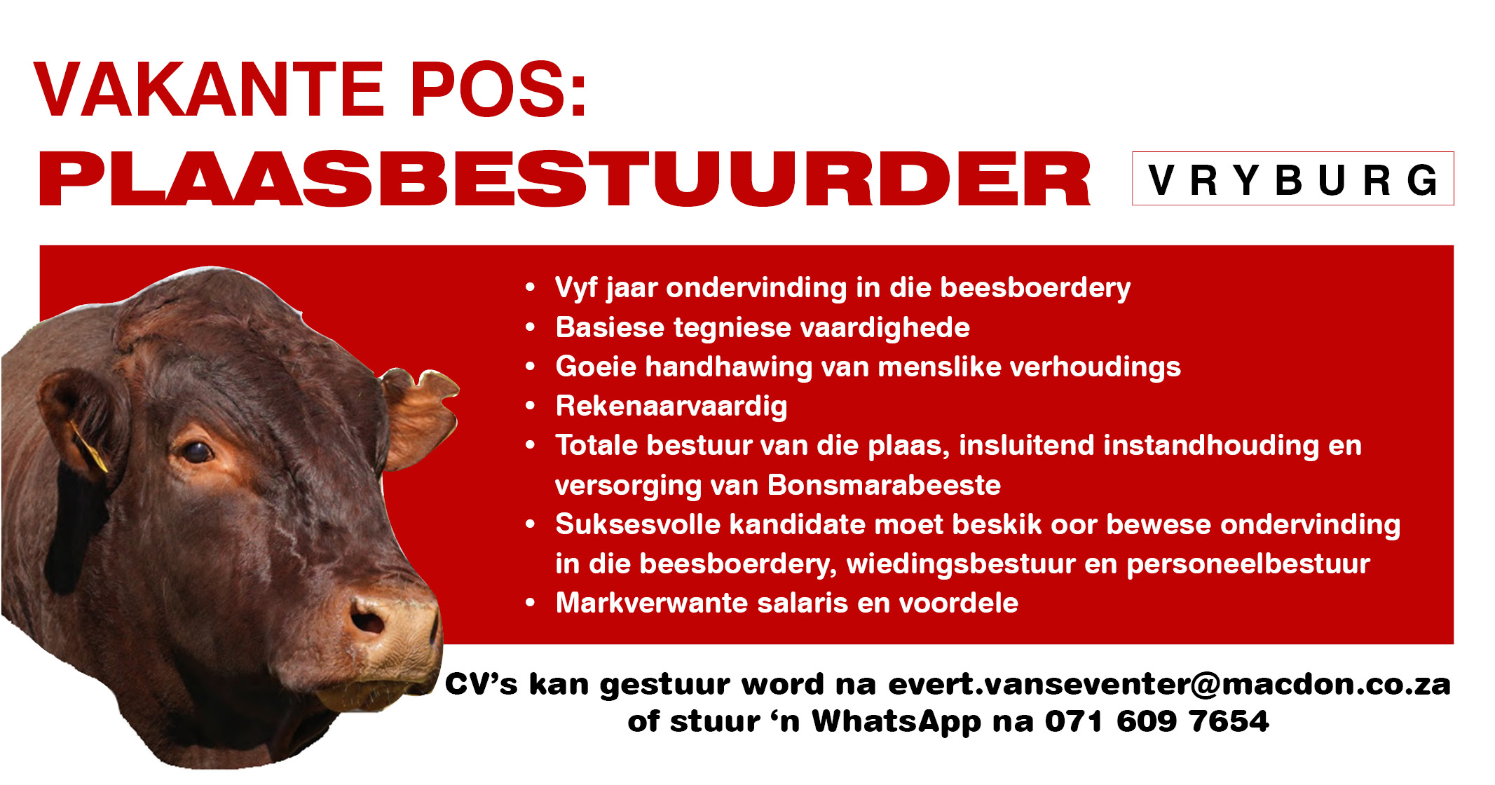 Vakante pos: Plaasbestuurder | Vryburg