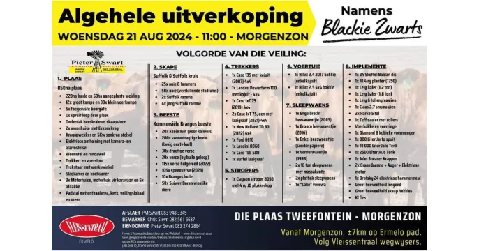 Plaasveiling names Blackie Zwarts | 21 Augustus 2024