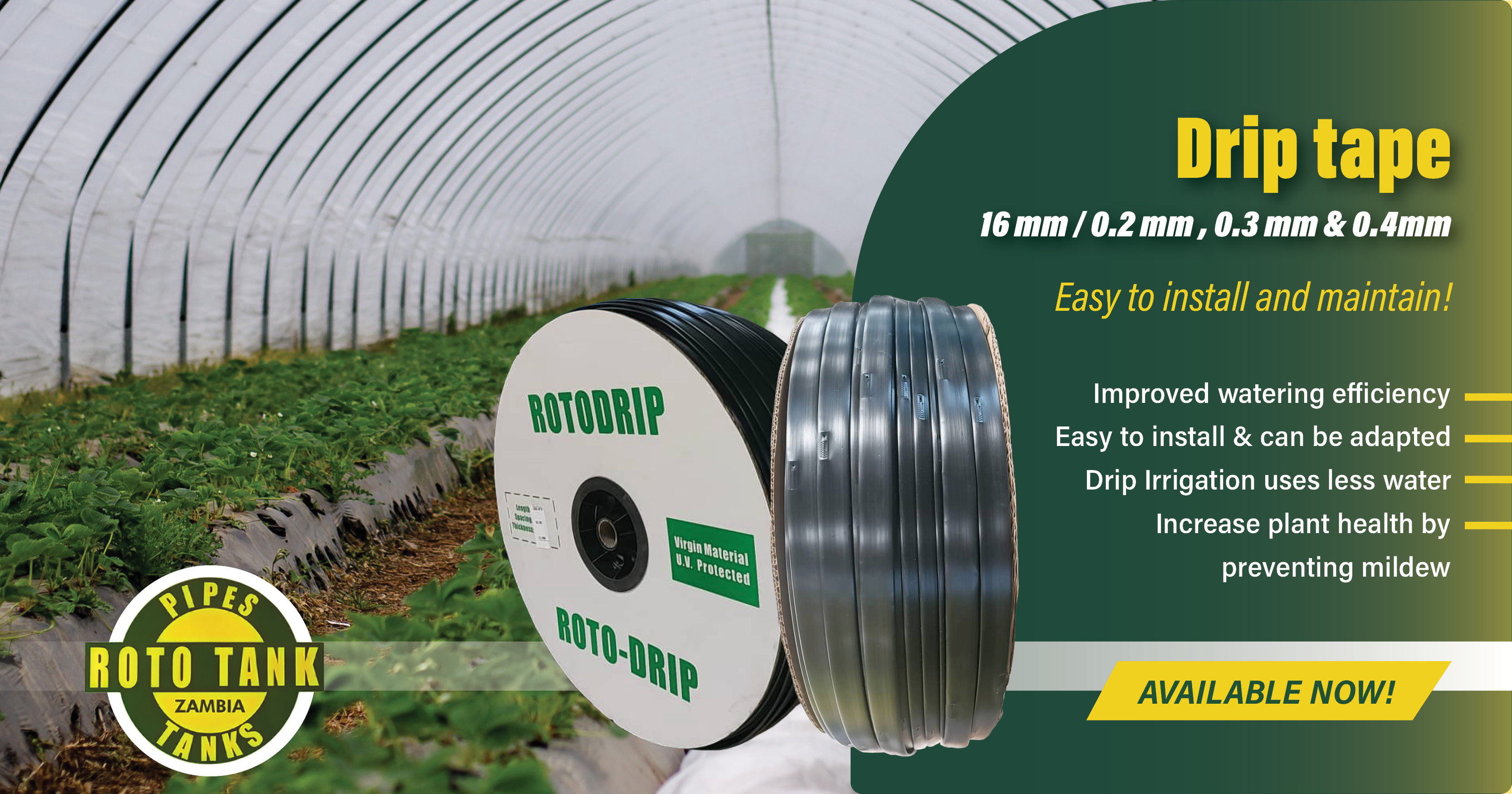 Drip tape | 16 mm | 0.2 mm | 0.3 mm | 0.4 mm | Roto Tanks