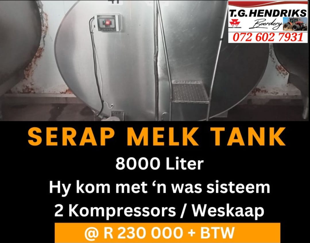 8 000 Liter Serap melk tank met was sisteem – 2 Kompressors | T.G Hendriks boerdery