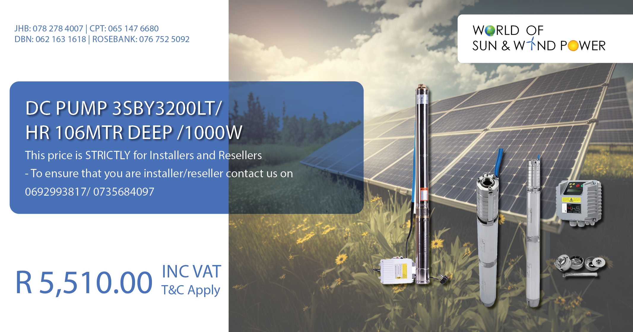 DC PUMP 3SBY3200Lt/HR 106mtr Deep /1000w | World of Sun & Wind Power