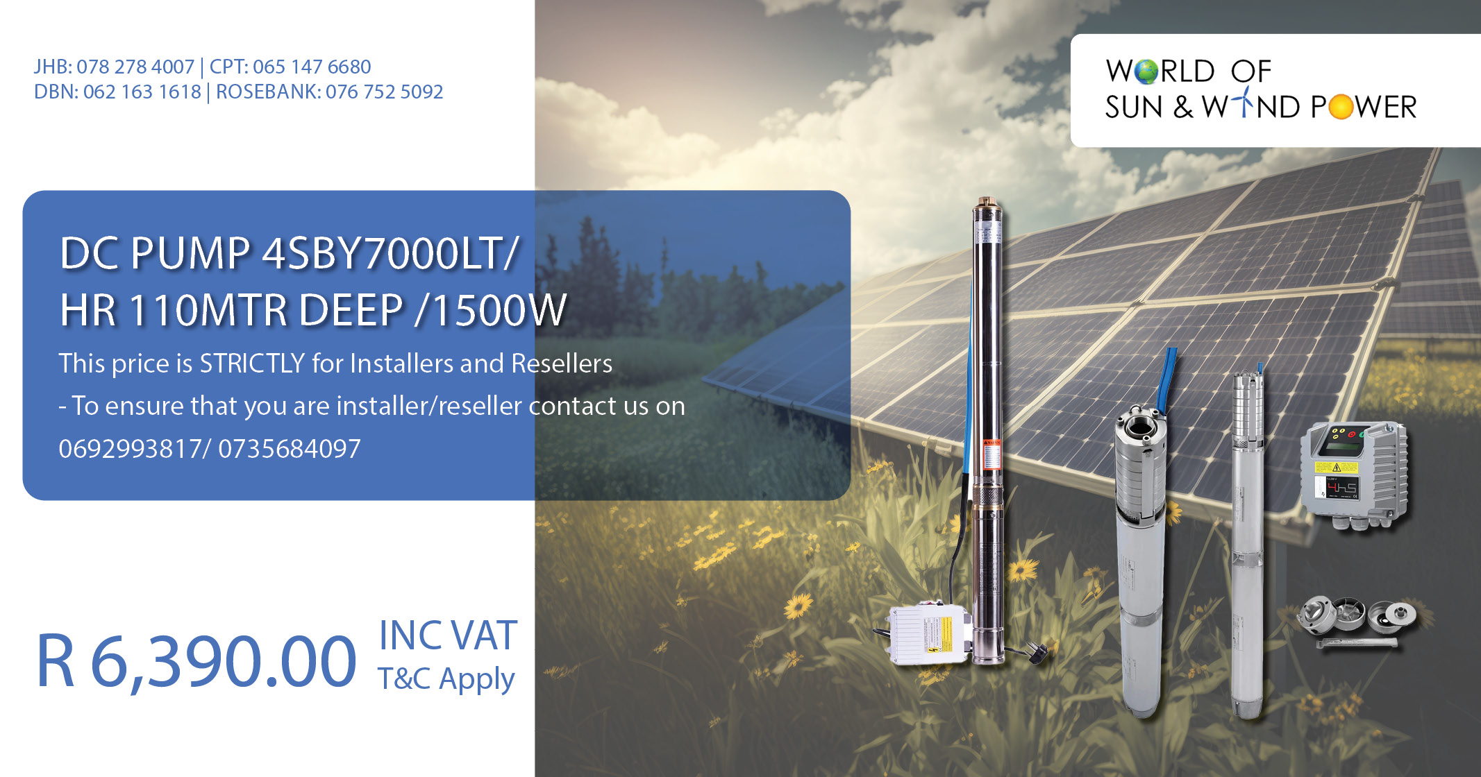 DC PUMP 4SBY7000Lt/HR 110mtr Deep /1500w | World of Sun & Wind Power