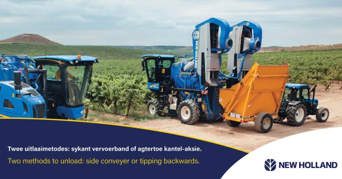 The Grand export or side conveyor makes offloading easy in high-yield vineyards | New Holland