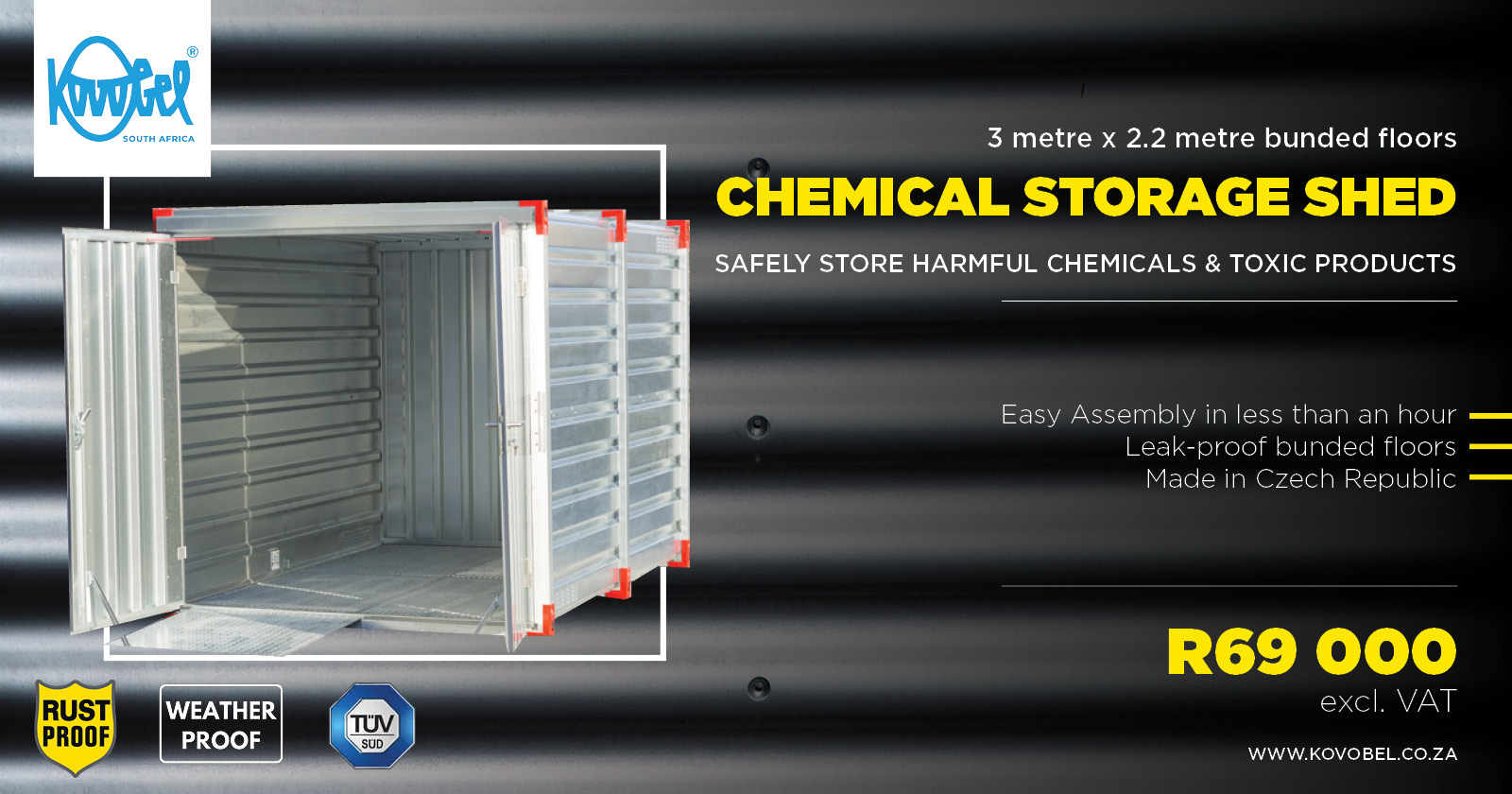 3m x 2,2 m Bunded floors chemical storage shed | Kovobel