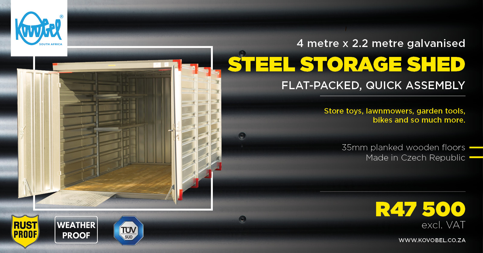 4m 2,2 m Galvanised Steel storage shed | Kovobel