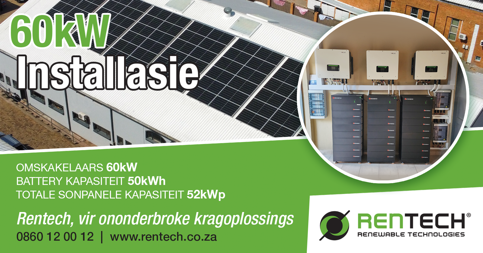 60KW installasie | Rentech, vir ononderbroke kragoplossings | Rentech Renewable Technologies