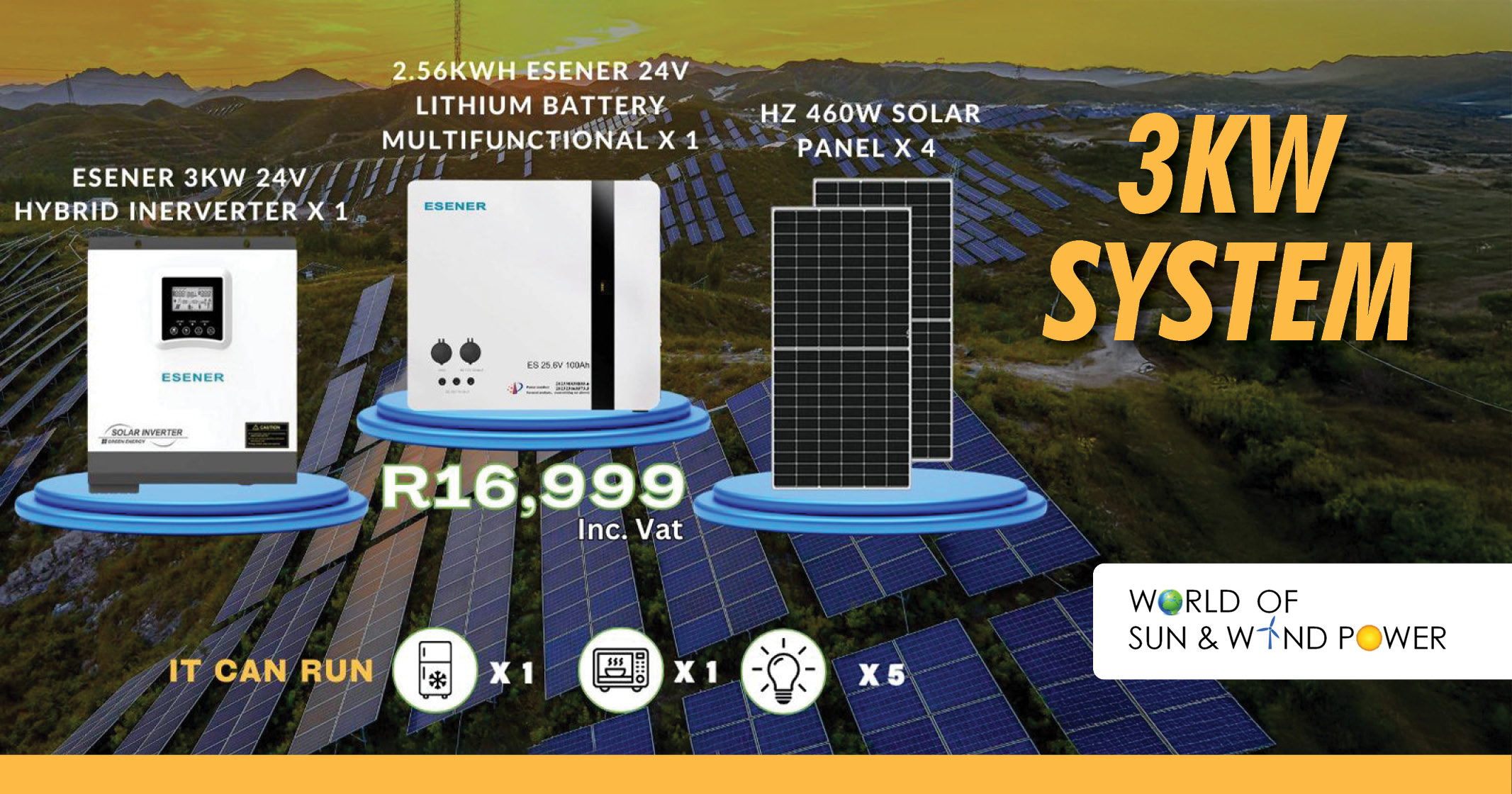 3KW SYSTEM | Inverter, battery & solar panels | World of Sun & Wind Power