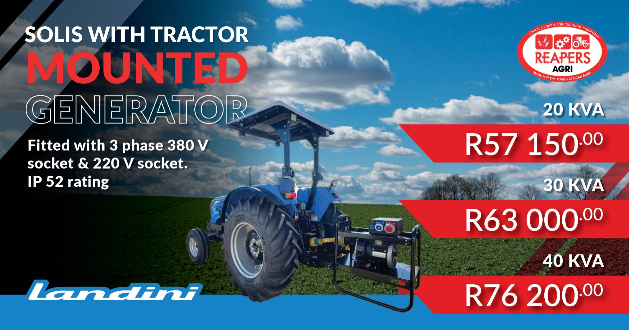 Solis with tractor mounted generator | Landini tractors | Reapers Agri