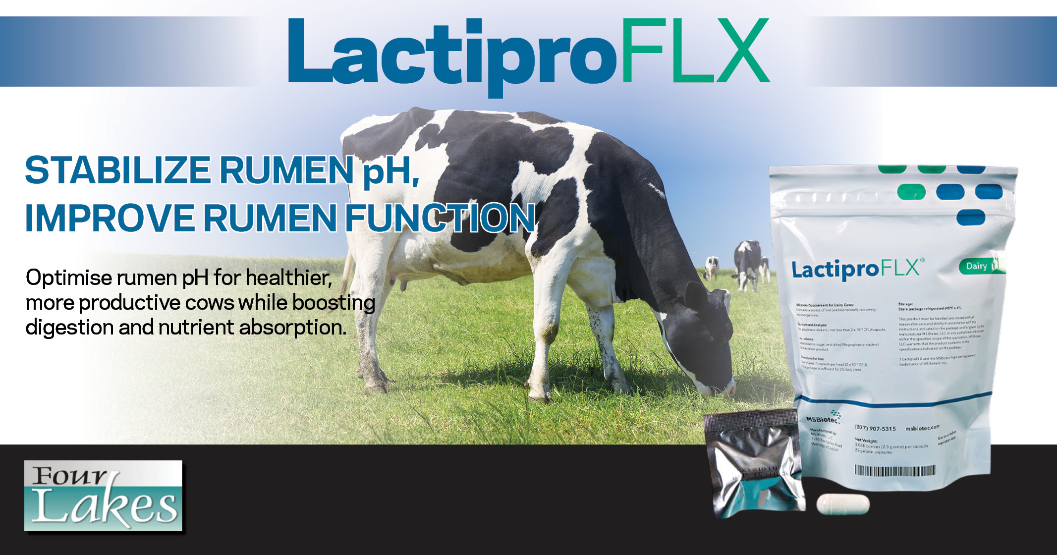 Lactipro FLX Dairy | Stabilize rumen pH improve rumen function | Four Lakes