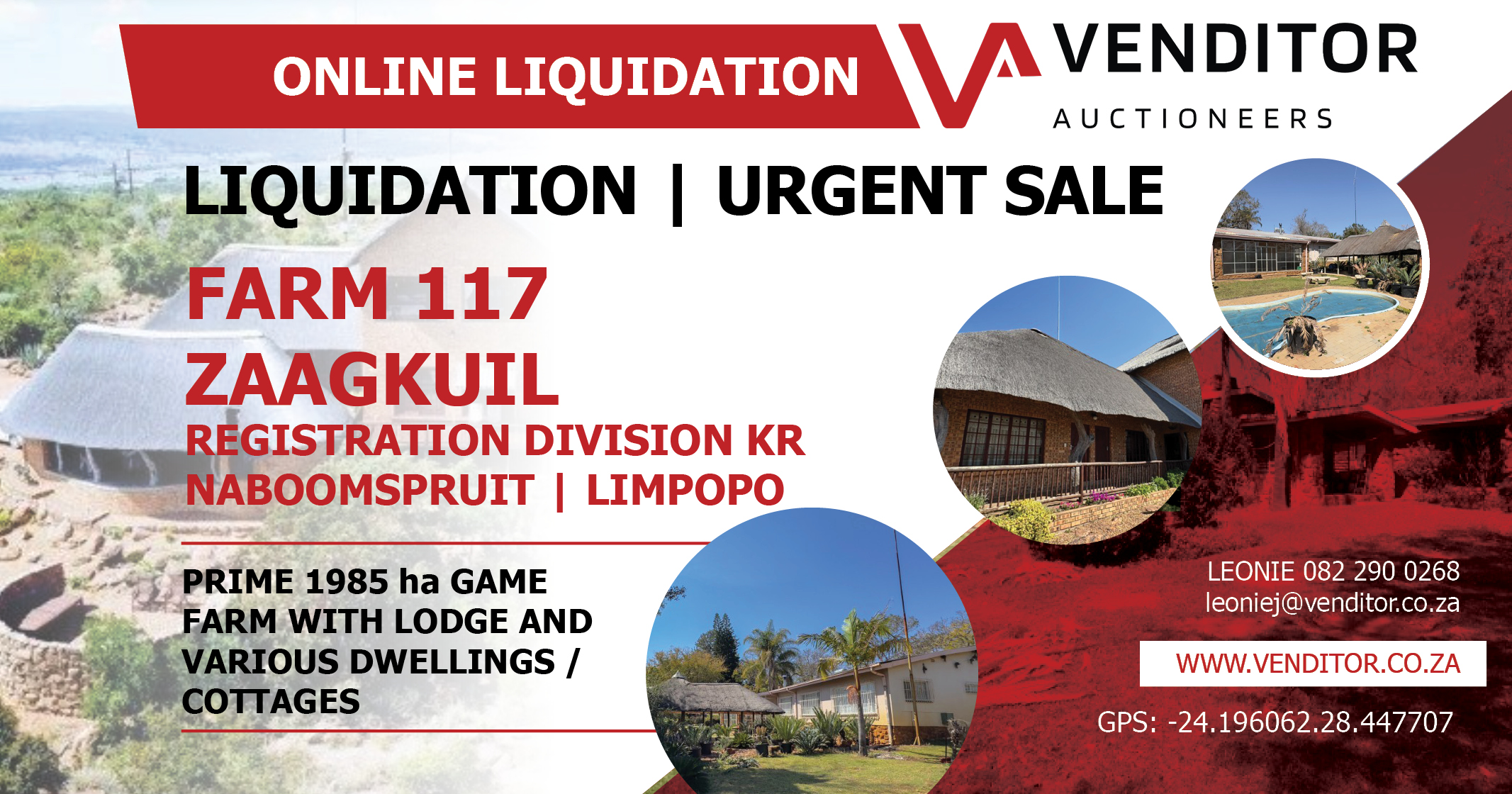 LIQUIDATION SALE– 1985 ha GAME FARM WITH LODGE & VARIOUS DWELLINGS / COTTAGES | Venditor Auctioneers