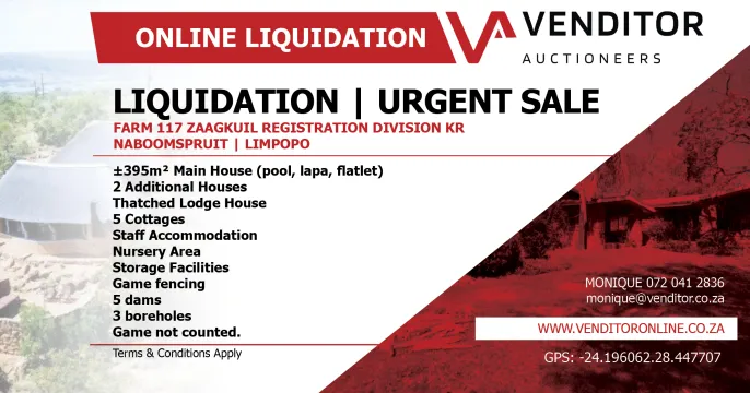 LIQUIDATION SALE– 1985 ha GAME FARM WITH LODGE & VARIOUS DWELLINGS / COTTAGES | Venditor Auctioneers