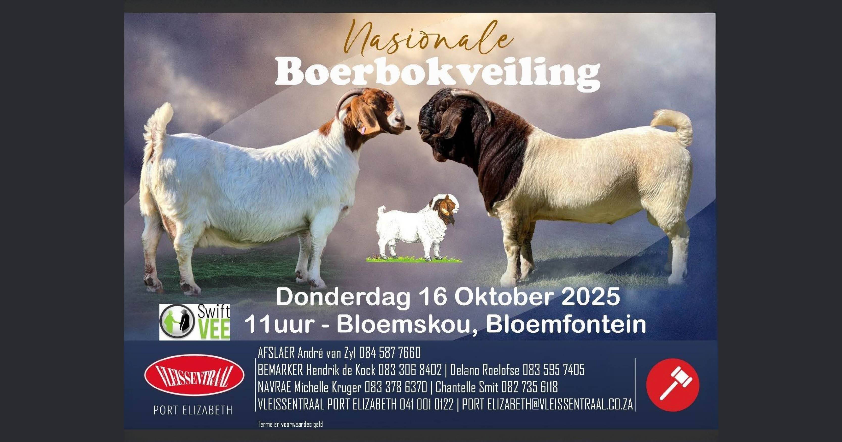 Nasionale Boerbokveiling | 16 Oktober 2025 | 11:00 | Bloemfontein Skougronde