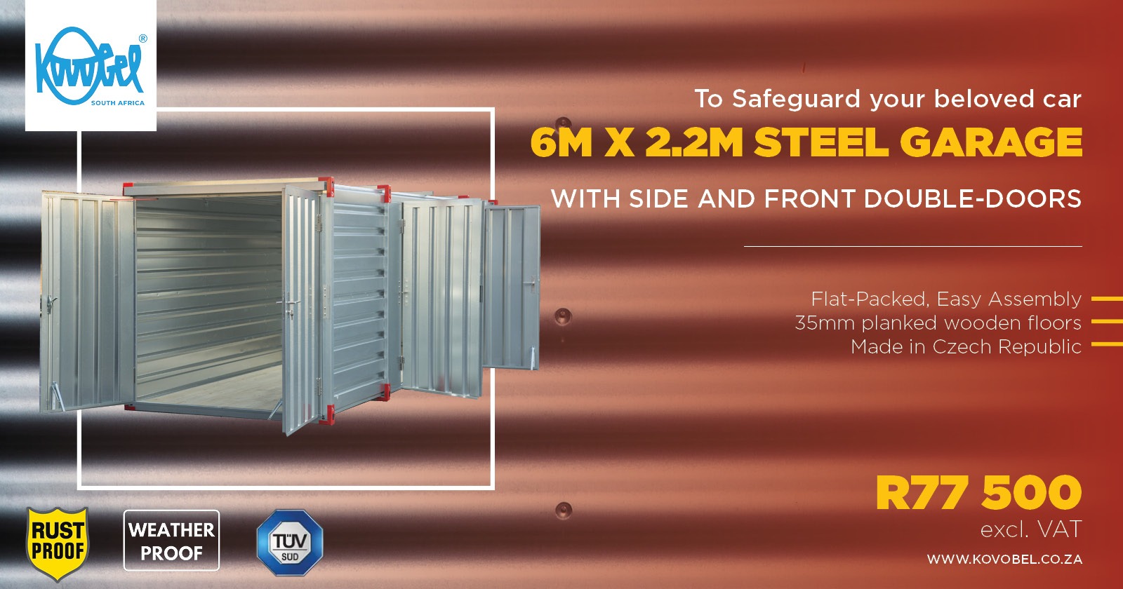 6 x 2,2 m Steel garage to safeguard your beloved car | Kovobel