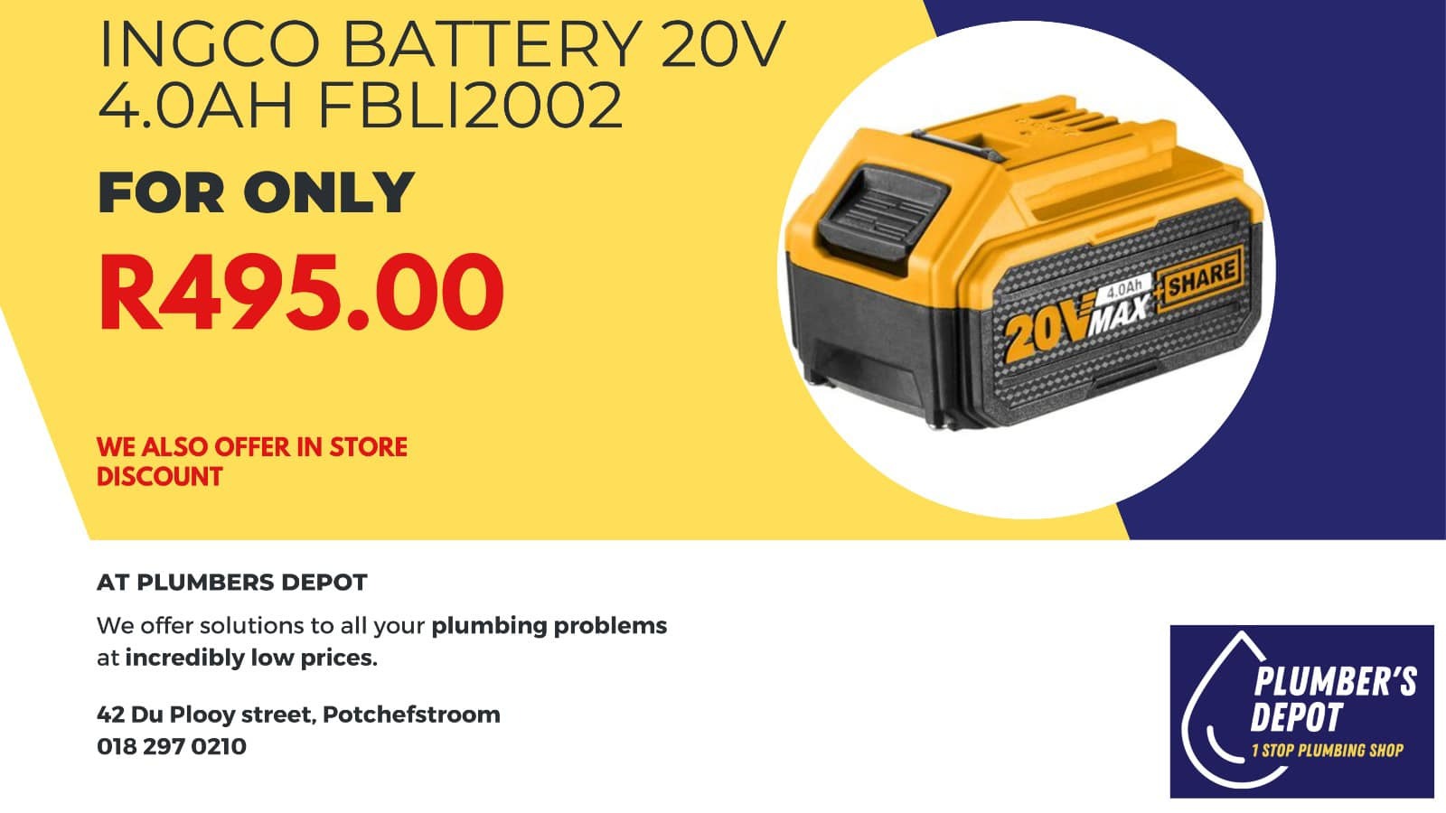 Ingco Battery 20V 4.0AH FBLI2002 | Plumbers depot